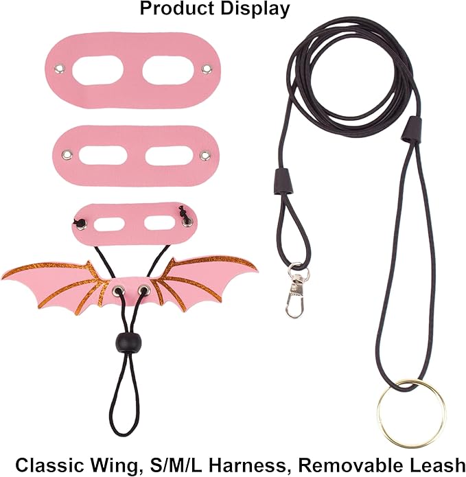 ADOGGYGO Bearded Dragon Leash Harness, 3 Size Pack Pink Leather Wing Lizard harness with Removable Lizard Leash for Bearded Dragon Lizard Reptiles (Pink)