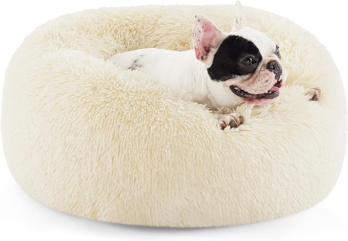 Bedsure Calming Dog Bed for Small Dogs - Donut Washable Small Pet Bed, Round Anti-Slip Fluffy Plush Faux Fur Large Cat Bed, Fits up to 25 lbs Pets, Oat Milk, 23 inches