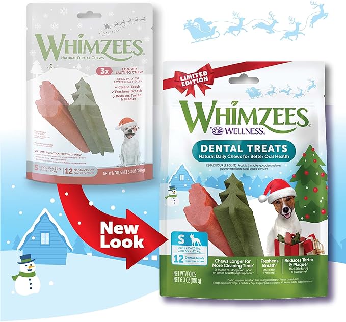 Whimzees by Wellness Holiday Natural Dental Chews for Dogs, Long Lasting Treats, Grain-Free, Freshens Breath, Small Breed, 12 Count