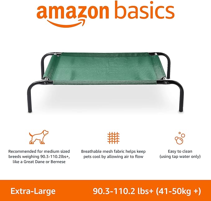 Amazon Basics Cooling Elevated Dog Bed with Metal Frame, X-Large, 60 x 37 x 9 Inch, Green