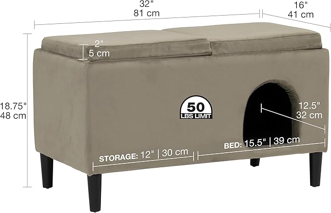 Paws & Purrs Modern 32" Wide Pet Ottoman Bed for Small to Medium Dog or Cat, 32.0" L x 16.0" W x 18.8" Th, Ash