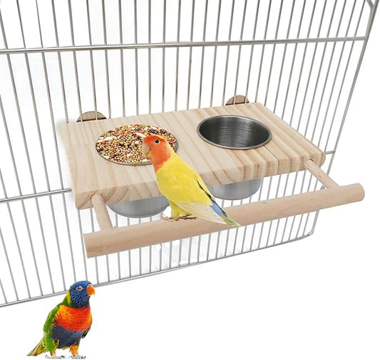 Bird Food Stainless Steel Cups, Parrots Feeding Dish Cups with Wooden Platform, Wooden Perch Stand Hanging Feeder Bowls Feeding, Bird Feeding Dish Cups for Parakeet Lovebirds Cockatiels Budgie