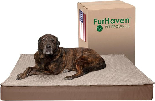 Furhaven Water-Resistant Memory Foam Dog Bed for Large Dogs w/ Removable Quilt Top & Washable Cover, For Dogs Up to 125 lbs - Indoor/Outdoor Quilt Top Convertible Mattress - Sand, Jumbo Plus/XXL