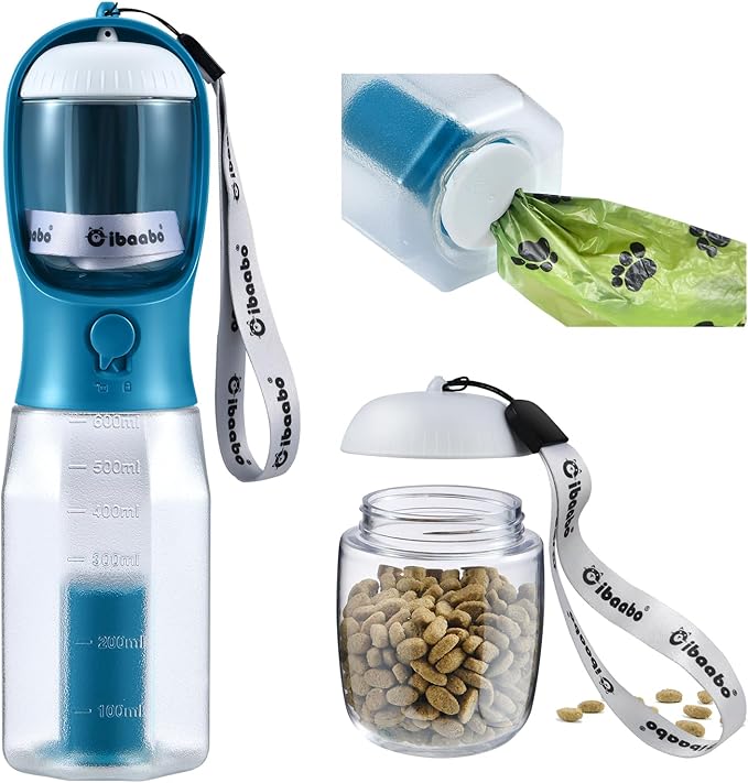 Dog Water Bottle with Food Container & Poop Bag Holder, Travel Water Bowl, Portable Pet Dispenser, Dog Stuff Accessories Items, Puppy Essentials Necessities for Yorkie Chihuahua Walking Hiking