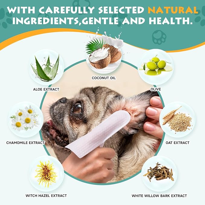 Ear Wipes for Dogs and Cats, Extra-Large Size Relief Finger Wipe Ear Cleaner to Stop Ear Itching and Infections, 50 Disposable Wipes