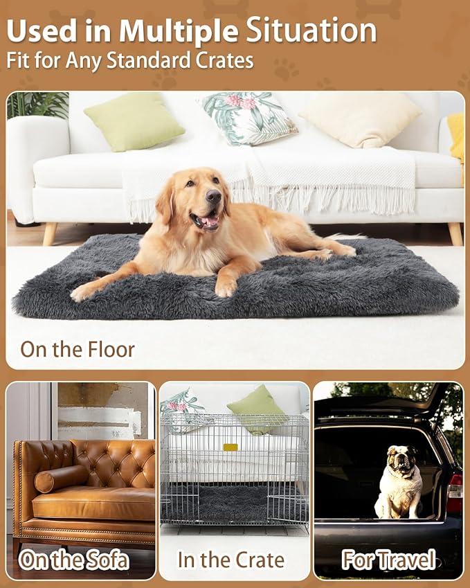 Dog Crate Pad Ultra Soft Dog Bed Mat Washable Pet Kennel Bed with Non-Slip Bottom Fluffy Plush Sleeping Mat for Large Medium Small Dogs, 47 x 29 Inch, Camel