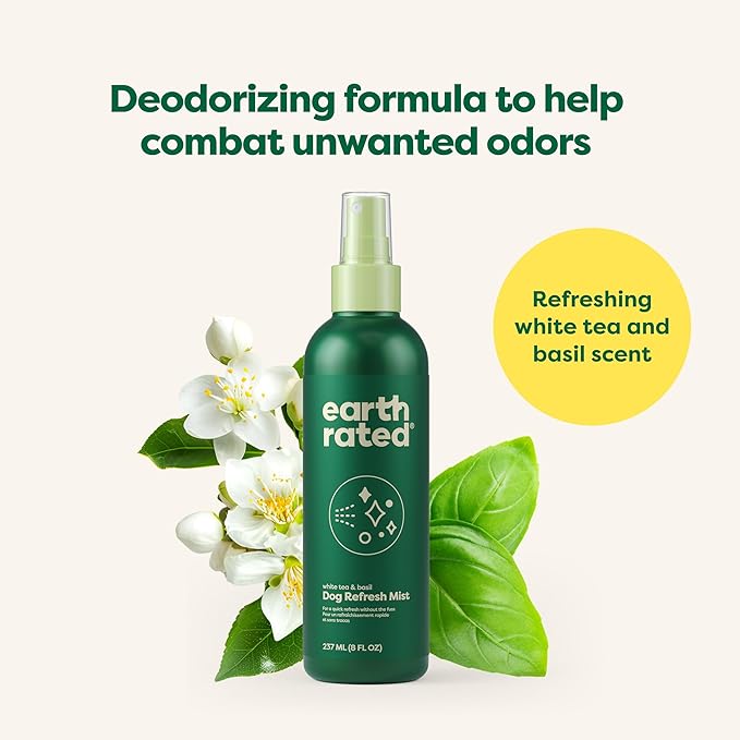 Earth Rated Dog Deodorizing Spray, Conditioning & Odor-Eliminating Dog & Puppy Perfume, For All Coat Types, Refreshing White Tea & Basil Scent, 8 oz.