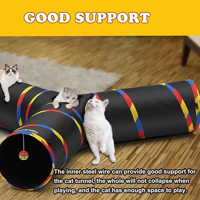 3 Way Large Cat Tunnels for Indoor Cats - Durable & Resistant to Scratching Cat Play Tube Tunnel - Includes Mouse Toy, Bell Ball - Gift for Ferrets & Rabbits (Black)