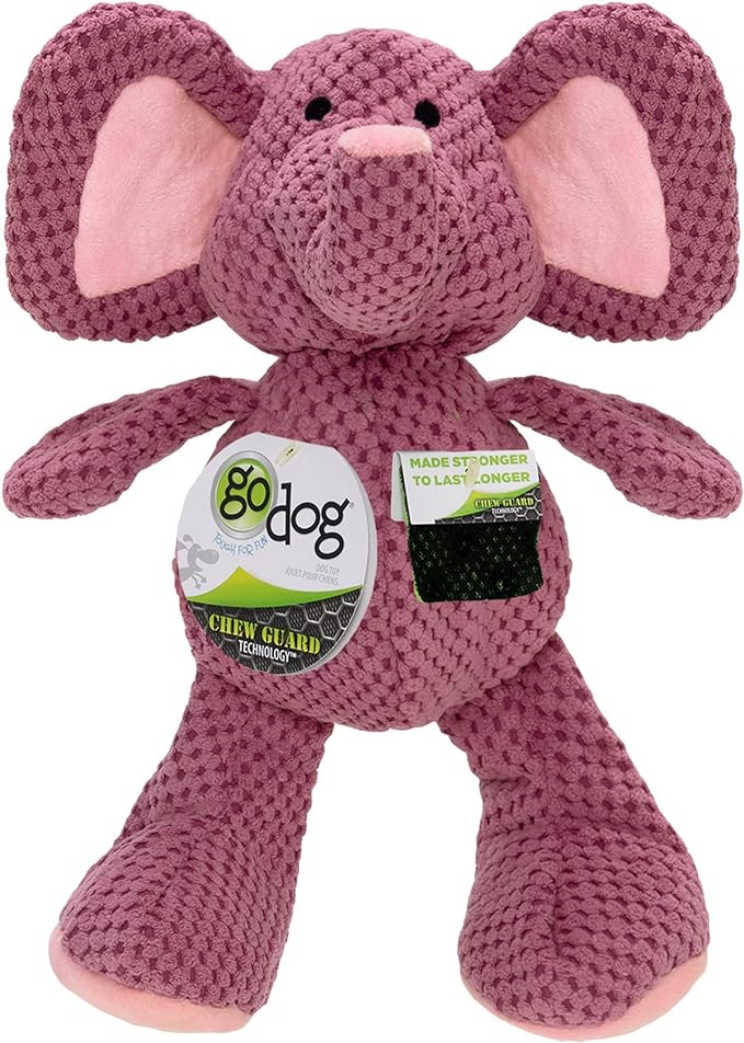 goDog Checkers Elephant Squeaky Plush Dog Toy, Chew Guard Technology - Violet, Large