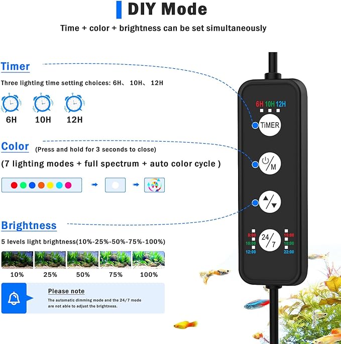 AQQA LED Aquarium Light, 24/7 Mode Clip on Fish Tank Light with Memory Function, DIY Mode Full Spectrum Aquarium Plant Light, Adjustable Timer/Brightness, IP68 Waterproof for 24-32 in Fish Tank 26W