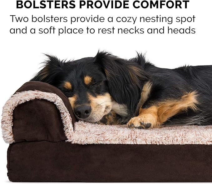 Furhaven Memory Foam Dog Bed for Large Dogs w/ Removable Bolsters & Washable Cover, For Dogs Up to 95 lbs - Two-Tone Plush Faux Fur & Suede L Shaped Chaise - Espresso, Jumbo/XL