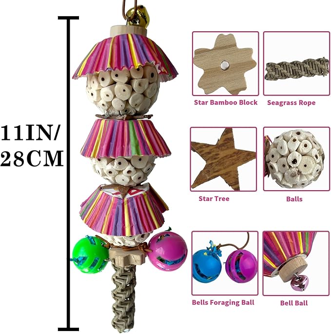 Conure Toys, Natural Bird Sola Ball Chewing Toys, Hanging Bird Parrot Foraging Shredder Toy with Bell for Parrots Parakeets Conures Cockatiels Budgie Cage Toy
