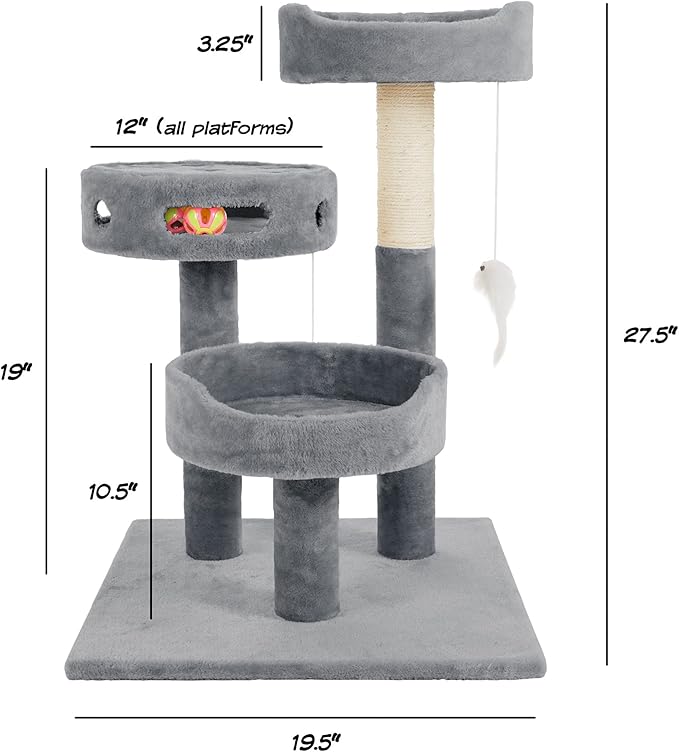 3-Tier Cat Tower with Sisal Rope Scratching Post, 2 Carpeted Napping Perches, Hanging Mouse, and Interactive Toy for Indoor Cat Use by PETMAKER (Gray)