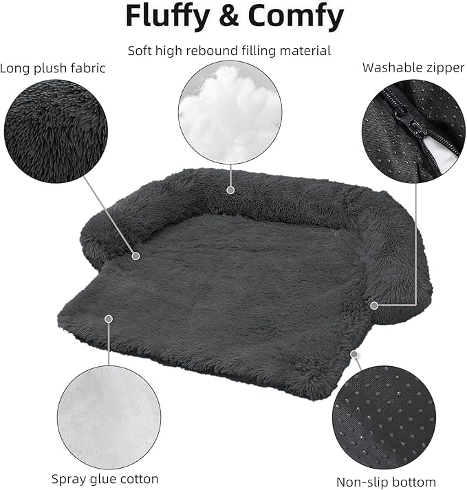 Calming Dog Bed Fluffy Plush Dog Mat for Furniture Protector with Removable Washable Cover for Large Medium Small Dogs and Cats (XS(31“x27.5”x5“), Dark Grey)