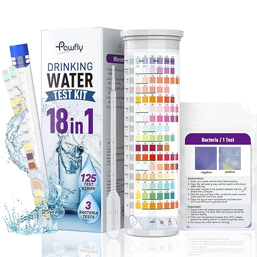 Pawfly 18 in 1 Drinking Water Test Kit, 125 Strips for Tap Water Well Swimming Pool Aquarium Spa, Home Water Quality Test Strips for pH Hardness Chlorine Lead Iron Copper Nitrate Fluoride & More