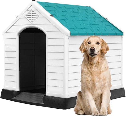 DWVO Large Plastic Dog House, Weatherproof Outdoor/Indoor Doghouse, Puppy Kennel with Air Vents and Elevated Floor, 41.3''L*38''W*38.8''H, Blue