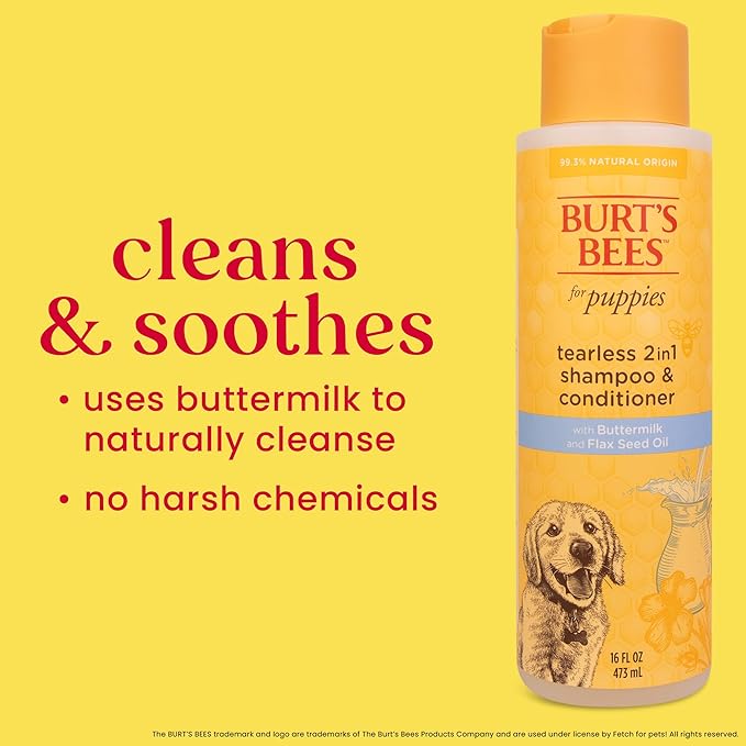 Burt's Bees for Pets Puppies Naturally Derived Tearless 2 in 1 Shampoo and Conditioner - Made with Buttermilk and Linseed Oil - Best Tearless Puppy Shampoo for Gentle Skin, 16 Oz - 2 Pack