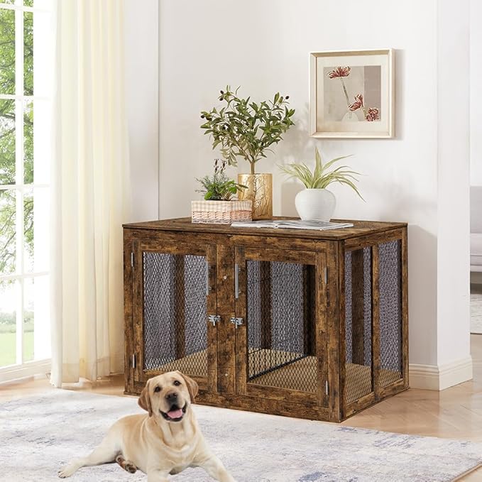 unipaws XL Furniture Dog Crate for Large Dogs with Tray and Divider, Extra Large Indoor Aesthetic Kennel Pet House Dog Cage for 2 Dogs, Wood Pretty Cute Fancy End Side Table Nightstand, Rustic