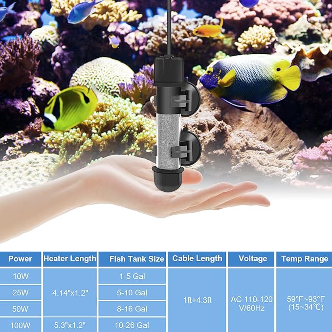 hygger Small Aquarium Betta Heater, Submersible Fish Tahk Heater 10W/25W/50W/100W with LED Digital Display, Suitable for Marine Saltwater and Freshwater up to 5/10/16/26 Gallon