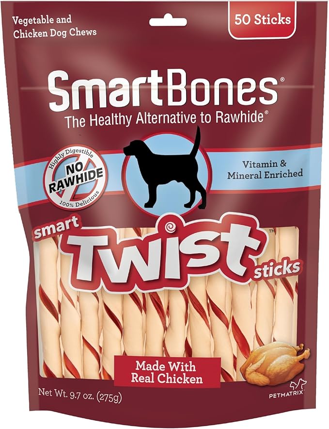 SmartBones Smart Twist Sticks, Rawhide Free Dog Chew Sticks, Made With Real Chicken, 50 Sticks (Pack of 24)