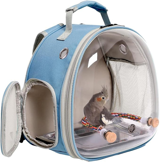 Bird Carrier Travel Backpack Cage, Space Capsule Clear Bubble Bird Carry Backpack, Includes Stainless Steel Tray and Standing Perch (Blue, Medium)