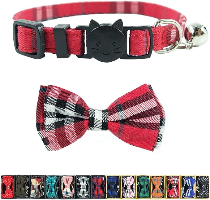 Cat Collar Breakaway with Bell and Bow Tie, Plaid Design Adjustable Safety Kitty Kitten Collars(6.8-10.8in) (Red Plaid 1)