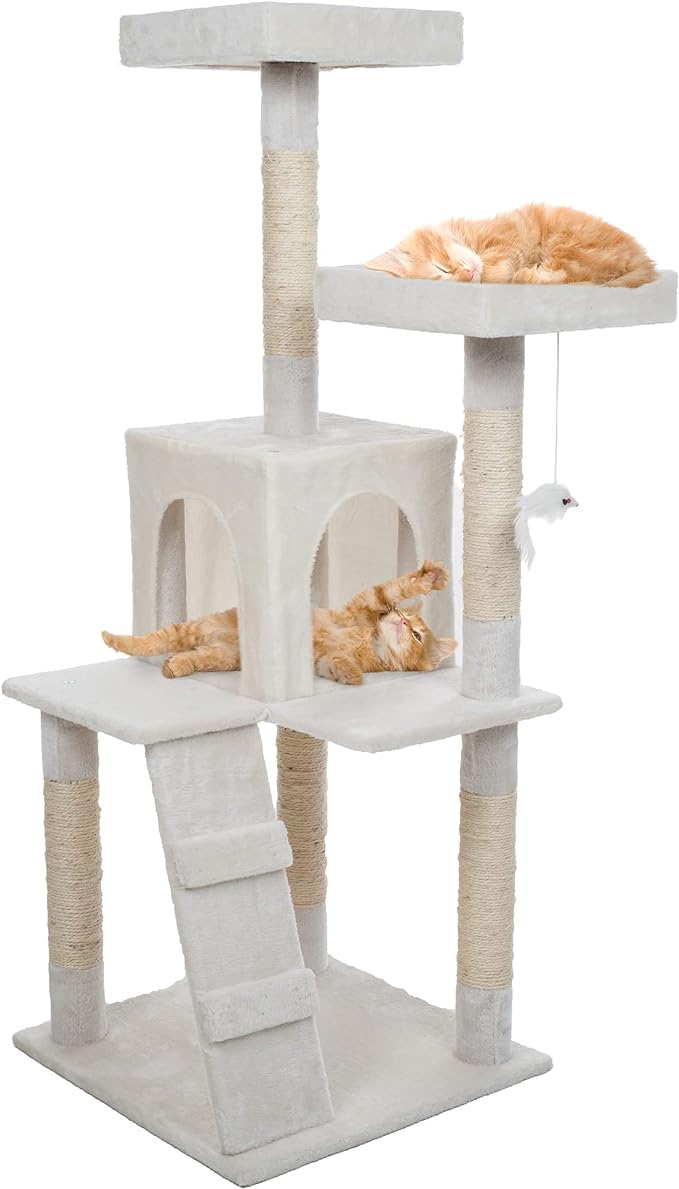 Cat Tree - 4-Tier Cat Tower for Indoor Cats with Perches, Kitty Condo, 5 Cat Scratching Posts, Hanging Toy, and 2-Step Ladder by PETMAKER (White)