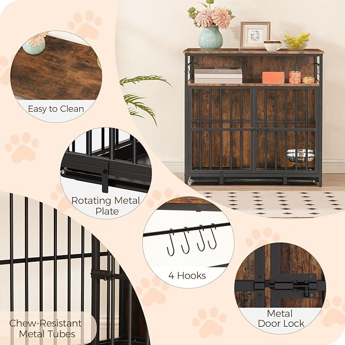 Dog Crate Furniture with Storage, 31.5" Heavy Duty Dog Kennel with Bowls & Removable Tray, Wooden Dog Cage End Table for Small/Medium Dogs, Chew-Resistant, Rustic Brown DCHR10801
