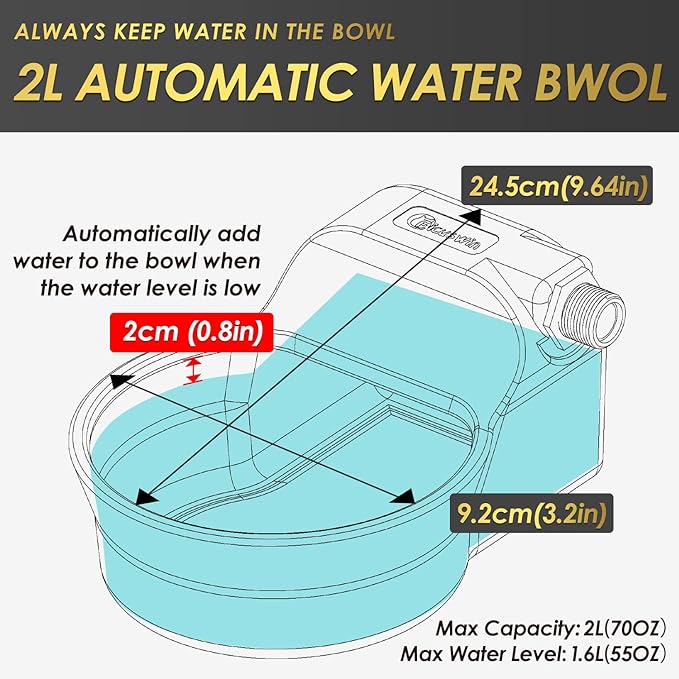 Automatic Dog Water Bowl Dispenser Patented 70OZ Water Dispenser for Dogs 2L Water Bowl Fit 3/4in GHT Male Connector Outdoor Auto Water Bowl Include Automatic Water Fill Valve Adapter 5ft Water Hose