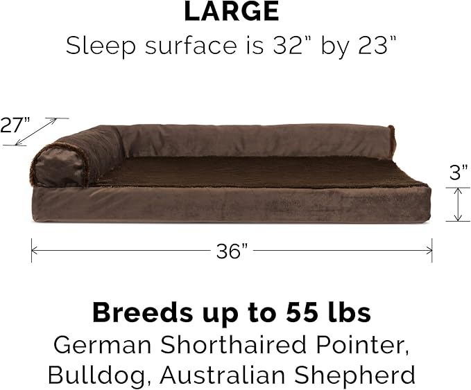 Furhaven Memory Foam Dog Bed for Large/Medium Dogs w/ Removable Bolsters & Washable Cover, For Dogs Up to 55 lbs - Plush & Velvet L Shaped Chaise - Sable Brown, Large