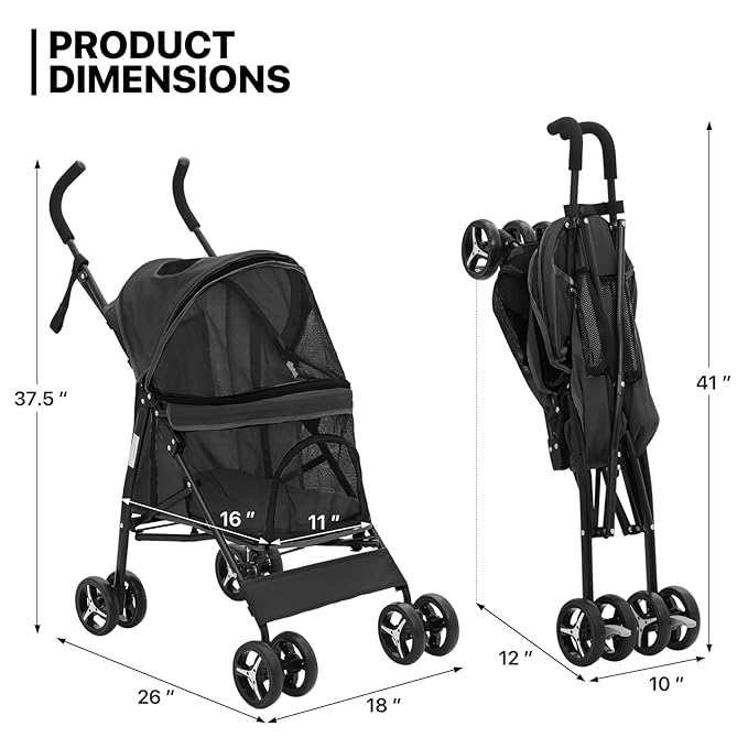 MoNiBloom 4 Wheels Pet Stroller, Easy-Fold Puppy Cage Jogger Stroller with Sun Cover, Pad and Rear Storage Bag, Breathable and Visible Mesh for Small/Medium Pets up to 22 lbs, Balck