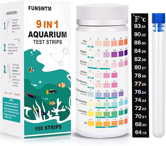 Aquarium Test Strips for Freshwater Fish: 9 in 1 Fish Tank Water Testing Kit for Aquarium Pond - Accurate Testing Nitrate Nitrite Hardness Free Chlorine pH Carbonate Total Alkalinity-100 Strips