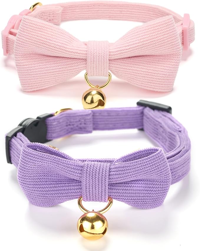 2 Pack Soft Corduroy Cat Collars with Bow Tie & Bell, Adjustable Breakaway Cotton Kitty Bowtie Collar for Girl Female Kitten (Pink & Purple)