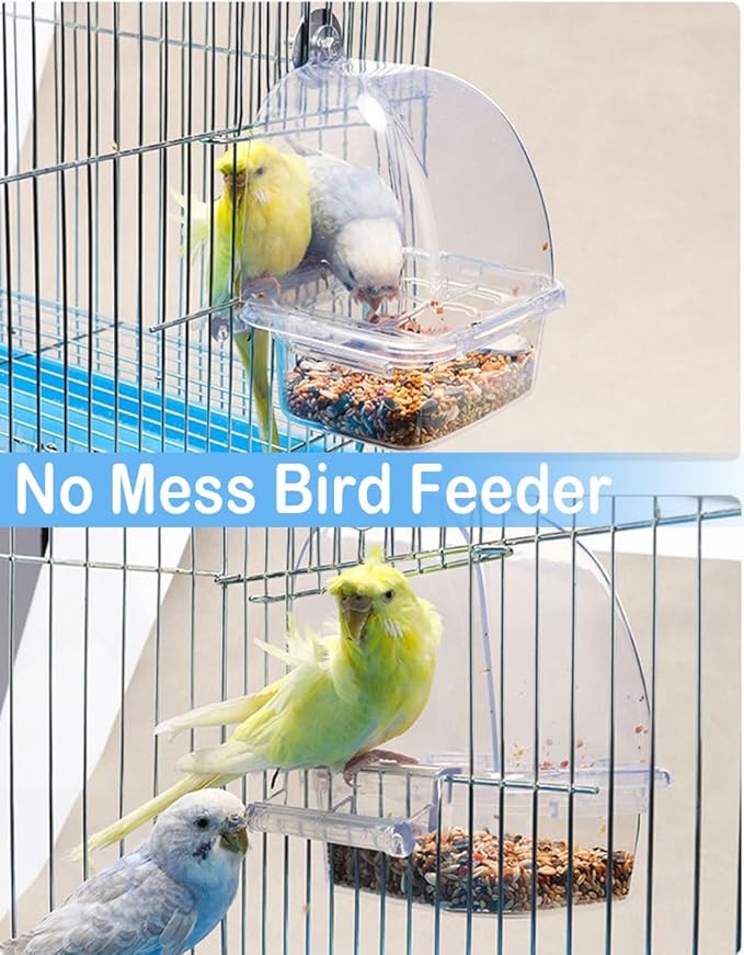 Bird Parrot Feeders, Cage Feeder Dispenser Food Container, Auto Bird Seed Bowl for Small Medium Birds, Cockatiel Canary Cockatoos Parakeet Conure Lovebird, Acrylic Clear