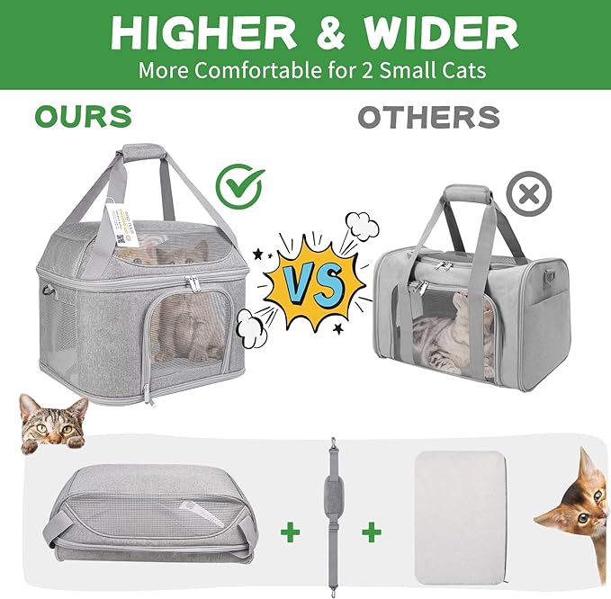 Large Cat Carrier for 2 Cats, Soft Side Pet Carrier for Cats Small Dog, Collapsible Travel Dog Carrier Bag, OEKO-TEX Certified TSA Airline Approved Cat Carrier Backpack for Cats 20 lbs (Gray)