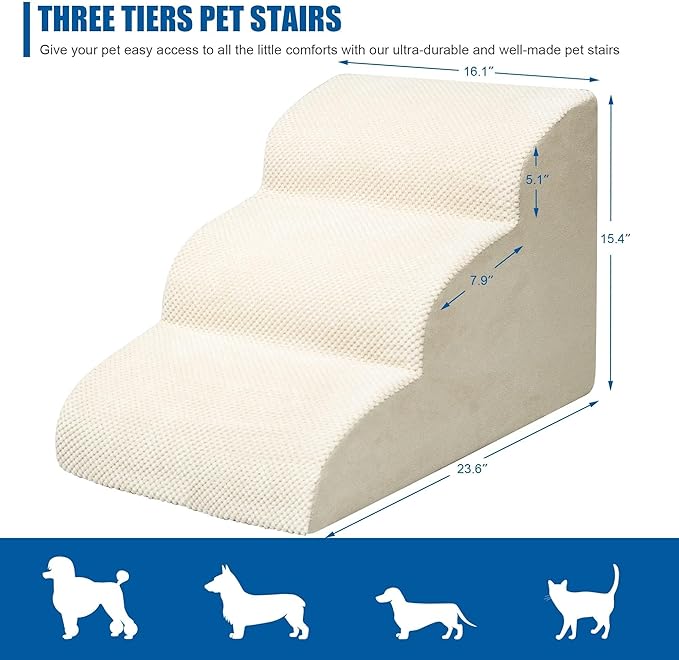 Dog Stairs for Small Dogs - High Density Foam Dog Ramp, Extra Wide Pet Steps with Non-Slip Bottom for High Beds, Couche and Sofa, Best for Dogs Injured, Older Dogs Cats (white, 3 Steps)