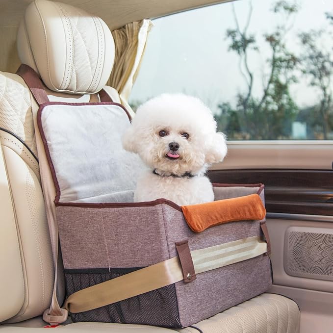 Cullaby Small Dog Car Seat up to 25 lbs Dog Booster Car Seat - Plush Sturdy, Ideal for Cars, SUVs, and Trucks, Safety for Dogs - Small, Comfortable, and Eco-Friendly, Easy Install (Brown)…