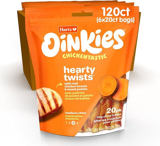 Oinkies Chickentastic Hearty Twists Dog Treats with Real Chicken Breast, Sweet Potato, and Smoked Pork, Long-Lasting Yet Highly Digestible, 120 CT