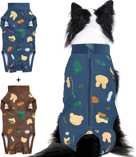 2 Packs Dog Recovery Suit Female Male, Blue Bear + Brown Bear, L