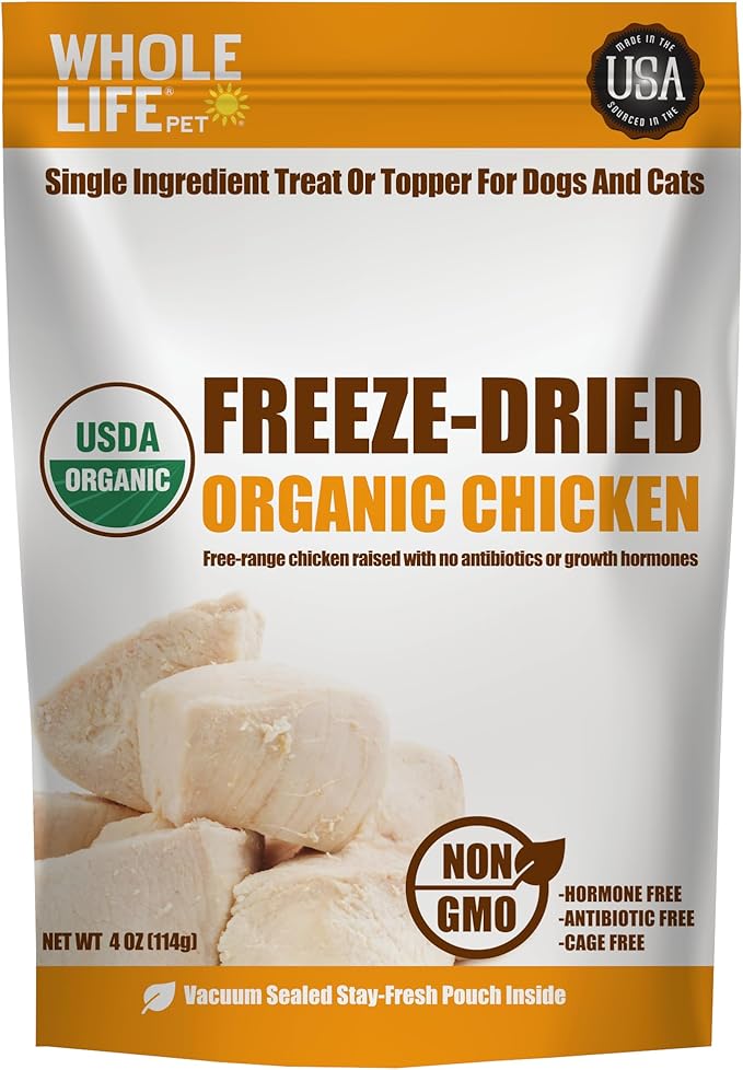 Whole Life Pet USDA Certified Organic Chicken - Dog & Cat Treat Or Topper - Human Grade, Freeze Dried, One Ingredient - Protein Rich, Grain Free, Made in The USA