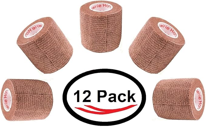 2 Inch Vet Wrap Tape Bulk (Brown) (Pack of 12) Self Adhesive Adherent Adhering Flex Bandage Grip Roll for Dog Cat Pet Horse