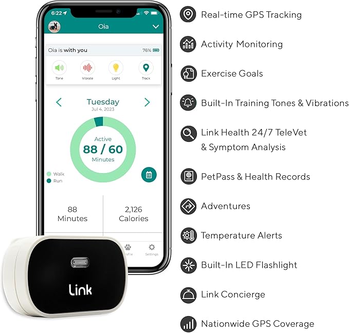 Link GPS Dog Tracker + Activity Monitor | Training Tools, Health Tracker, Waterproof, Flashlight, Lightweight, PetPass & Vet Record Storage, Fits On Most Collars | iPhone & Android Apps