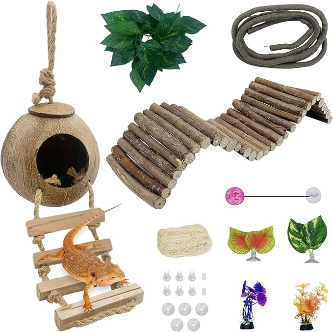 Hamiledyi Leopard Gecko Tank Accessories, Reptile Vines Plants with Coconut Shell Ladder Hideout Hut Hermit Crab Decor for Bearded Dragon Lizard Chameleon Tortoise Snake Play Rest