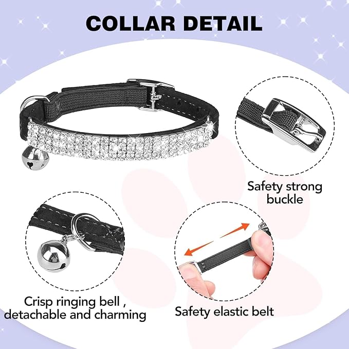 BINGPET Diamond Cat Collar, Adjustable Soft Velvet Leather Safe Kitten Collar with Shiny Rhinestones and Bells, Girl Boy Bling Stylish Cat Collars with Safety Elastic for Small Medium Cats,Black