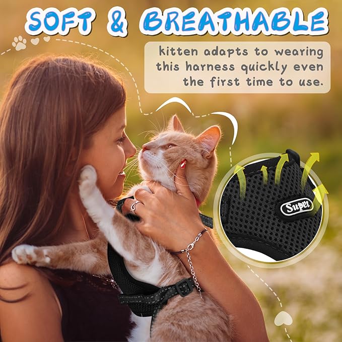 Supet Cat Harness and Leash Set for Small to Large Cats Adjustable Cat Vest Harness with Reflective Trim Universal Cat Leash and Harness for Cats/Puppies Outdoor Walking