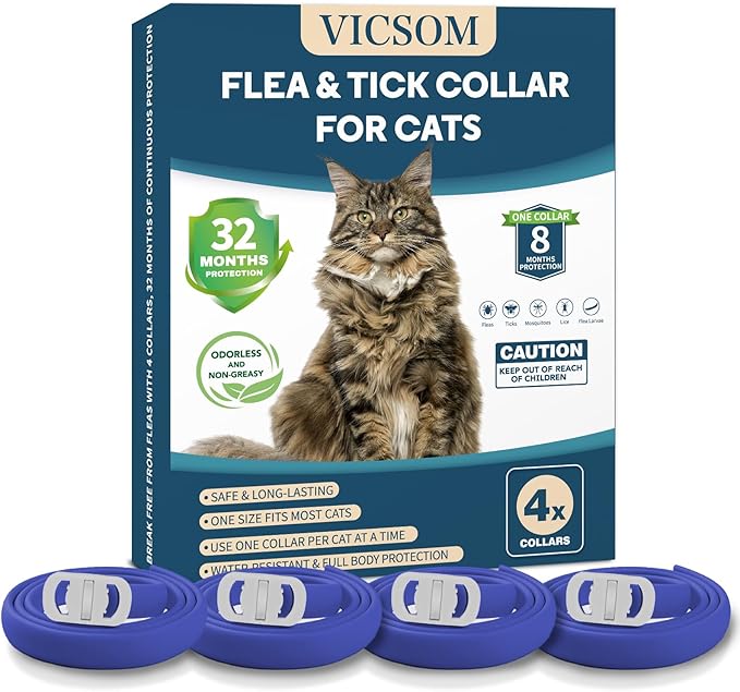 VICSOM 4 Pack Cat Flea Collar - Adjustable, Waterproof Flea and Tick Prevention for Cats and Kittens - 32 Months Protection - Flea and Tick Treatment - Blue