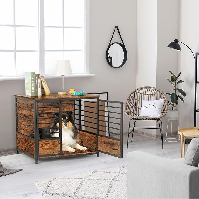 Dog Crate Furniture, Melos Wooden Heavy Duty Dog Cage Side End Table, Indoor Dog Kennel, Decorative Style Steel Tube Structure Pet Crate House for Large/Medium/Small Dog, Rustic Brown