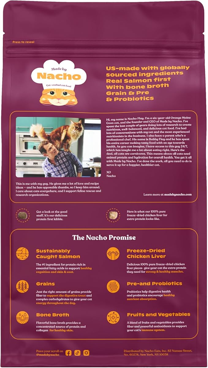 Made by Nacho Premium Dry Cat Food High Protein Kibble with Freeze Dried Pieces for Enhanced Nutrition and Flavor 10lb Bag (Sustainably-Caught Salmon, Whitefish & Pumpkin), Limited Ingredients