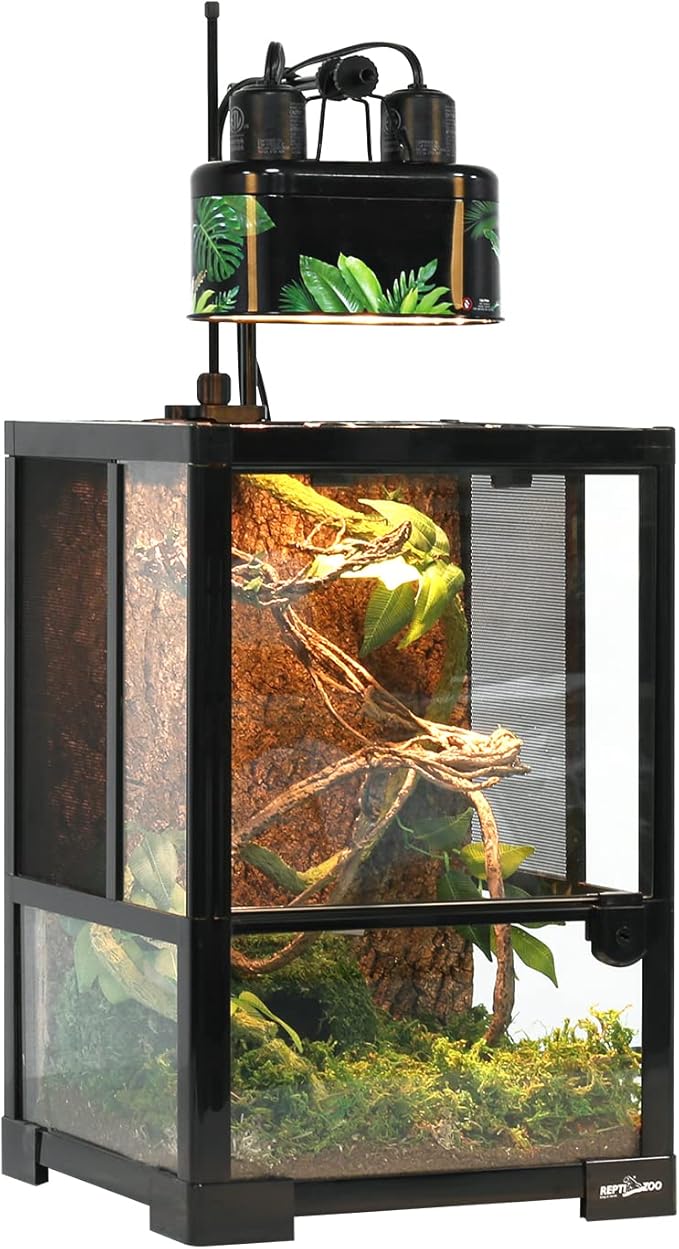 REPTI ZOO Nano Combo Print Tropical Desert Reptile Dual Deep Dome Lamp Fixture for Reptile Max 40 Watts Max Bulb Height 4 in Per Socket UVB Light Fixture Dual Lamp Cap Combo Integration Design