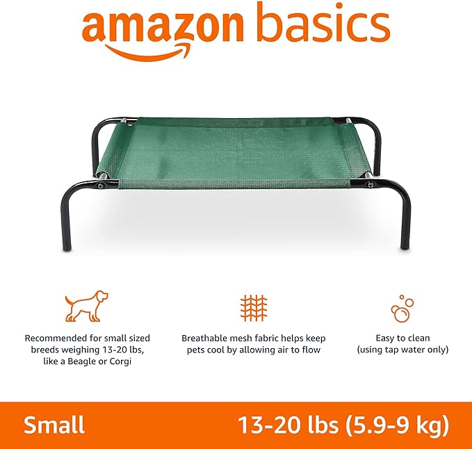 Amazon Basics Cooling Elevated Dog Bed with Metal Frame, Small, 36 x 22 x 7.5 Inch, Green